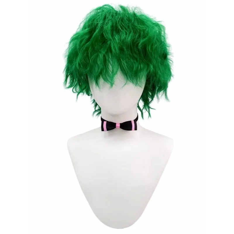 Bright Green Premium Synthetic Fiber Short Curly Wig Shaggy Fluffy Messy Layered Wolf Cut Hair with Bow Tie Choker Collar Accessories Heat Resistant Adjustable Cap for Women Girls Cosplay Party Halloween Costume Role Play Stage Show Photo Shoot