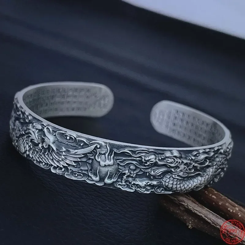 S999 Sterling Silver Bracelets for Women Men 2023 New Women's Fashion Relief Dragon Phoenix Engraved Bangle Argentum Jewelry