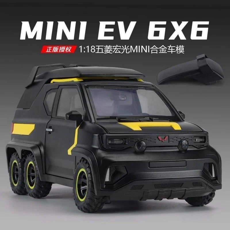 Officieel geautoriseerd 1:18 schaalmodel van een Wuling Hongguang mini EV pick-up truck, een metalen modelauto, geschikt als speelgoed en verzamelobject voor off-roadvoertuigen.
