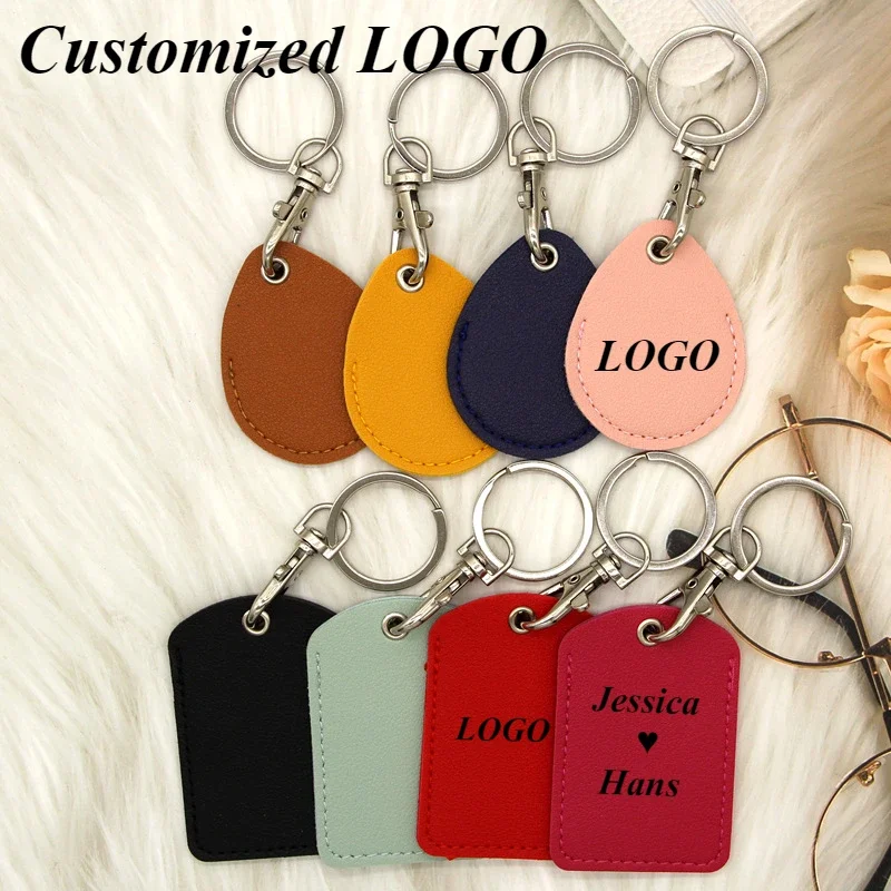 Custom Logo Exquisite Leather Keychain Laser Engrave Bus Door Card Protection Cover Circle Key Chain Personalize Bag Keyring