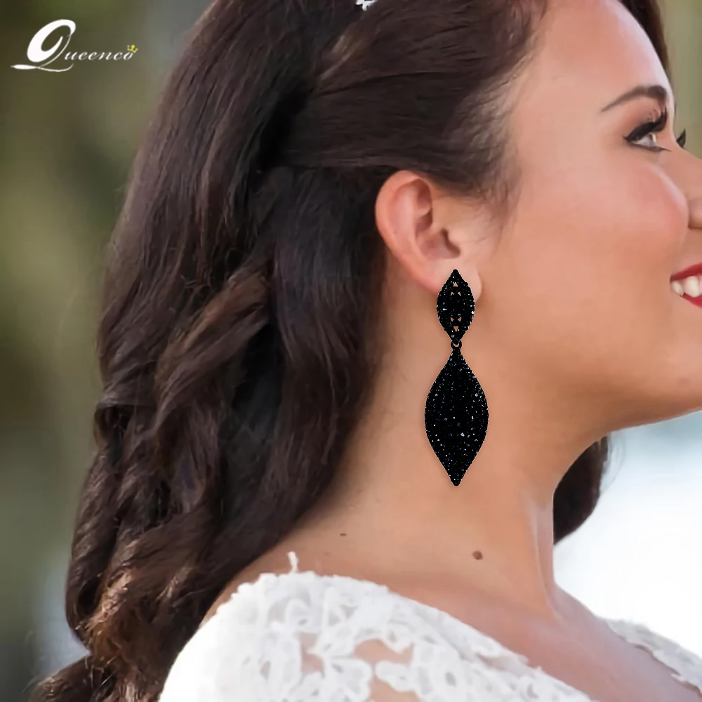 

Luxury Crystal Black Big Earring Pendant Alloy Long Drop Bridal Korean Fashion Long Earings Goth Accessories Drop Leaf Earring