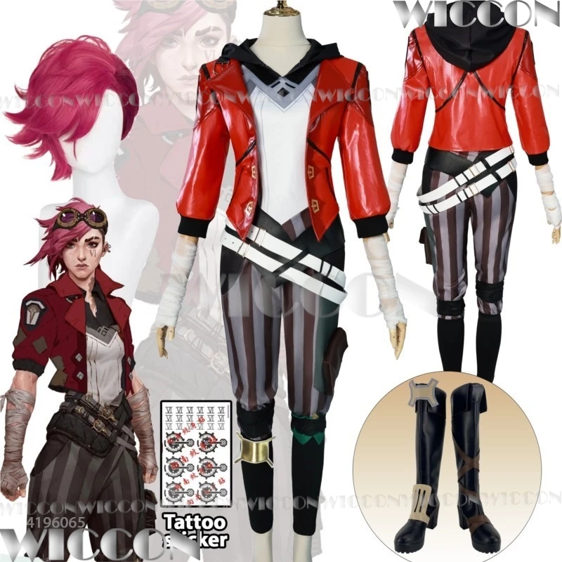 Vi Anime Arcane LOL Cosplay Costume Prop Red Coat Wig Tattoo Sticker Women Girl Holloween League of Legends Roleplay Customized