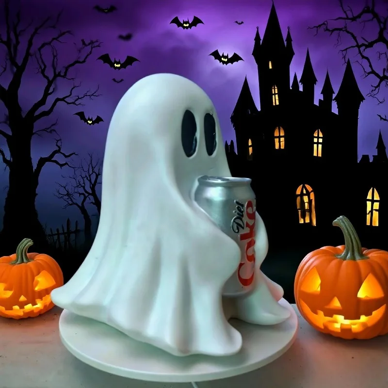 Niedliche Geister-Harzfigur mit Cola-Dose, lustige Halloween-Dekoration, Kawaii-Geisterstatue, Heimdekoration, Schreibtisch-Ornament, Geschenk