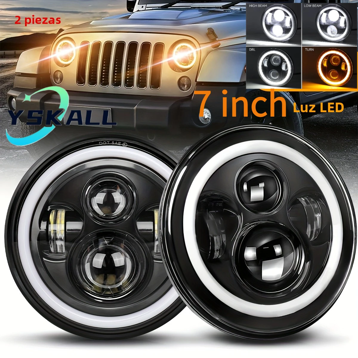 Coche Auto Motocicleta 7 pulgadas redonda led faro con Clourful Drl y blanco/ámbar señal de giro, haz alto/bajo aprobado para JEEP para Wrangler JK TJ CJ Par 7'' Faro H4 Led Redondo Ojo Ángel Wrangler Jeep Vocho