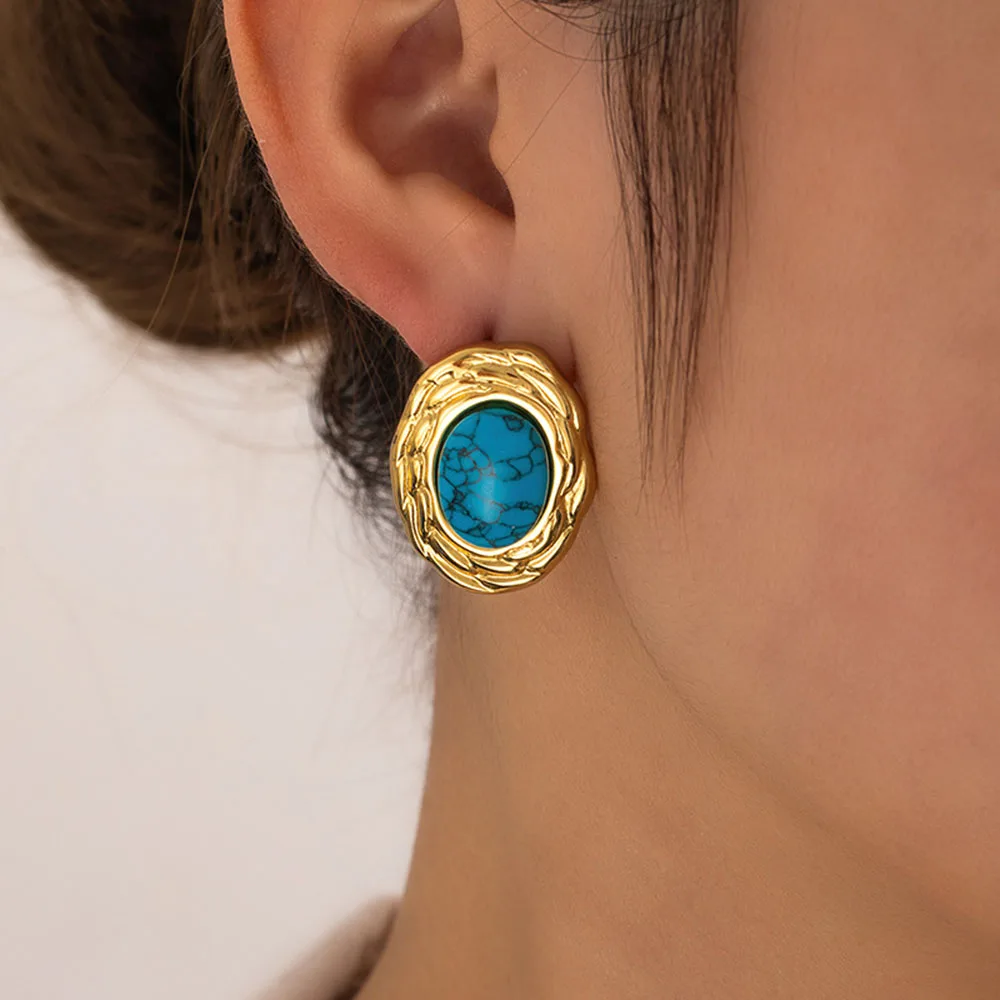 

2025 new simple oval sapphire stainless steel gold-plated earrings, high-quality waterproof earrings, wife gifts