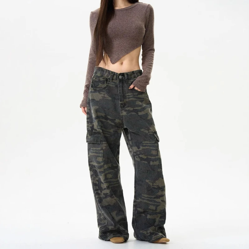 

Women Pants Versatile Retro Camouflage Cargo Pants Elastic Straight High Waist Adjustable Handsome Drawstring for Camping