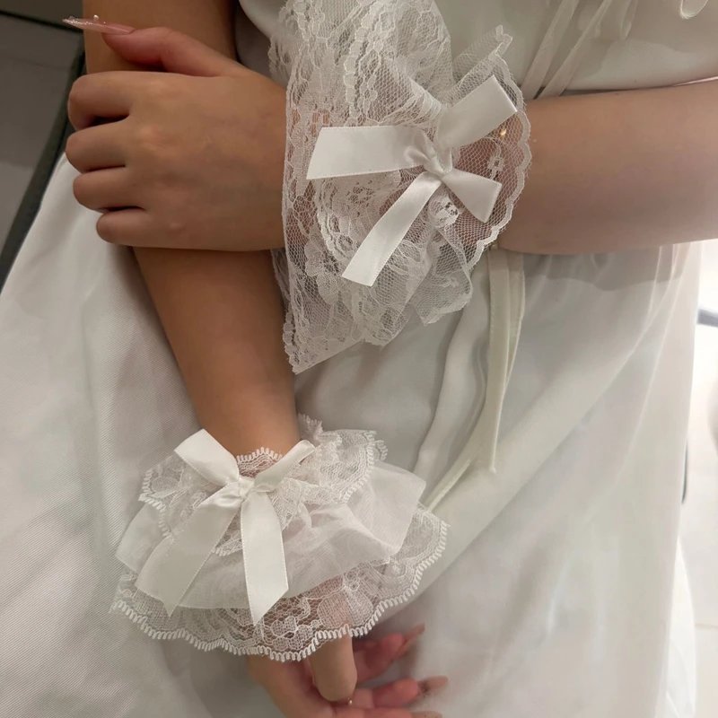 Sweet Lace False Sleeves Lolita BowKnot Floral Ruffled Wrist Cuffs Bridal Wedding Party Bracelet Wristband Cosplay Accessories