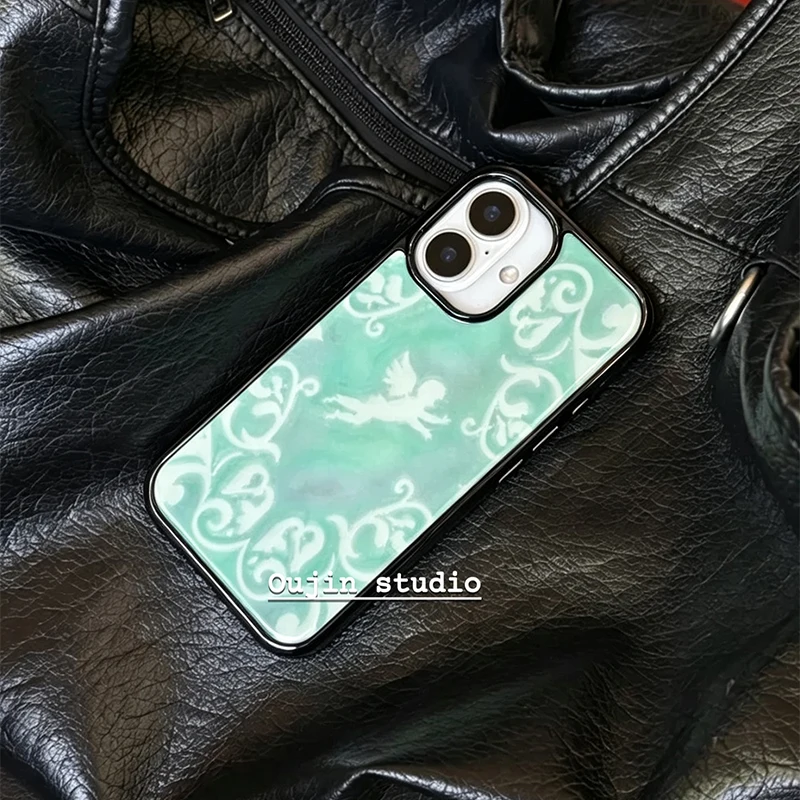 Mint Green Baroque Pattern Angel Black Border Drip Glue Phone Case For iPhone 17 Air 16 Pro Max 15 14 Plus 13 12 11 Back Cover view 4