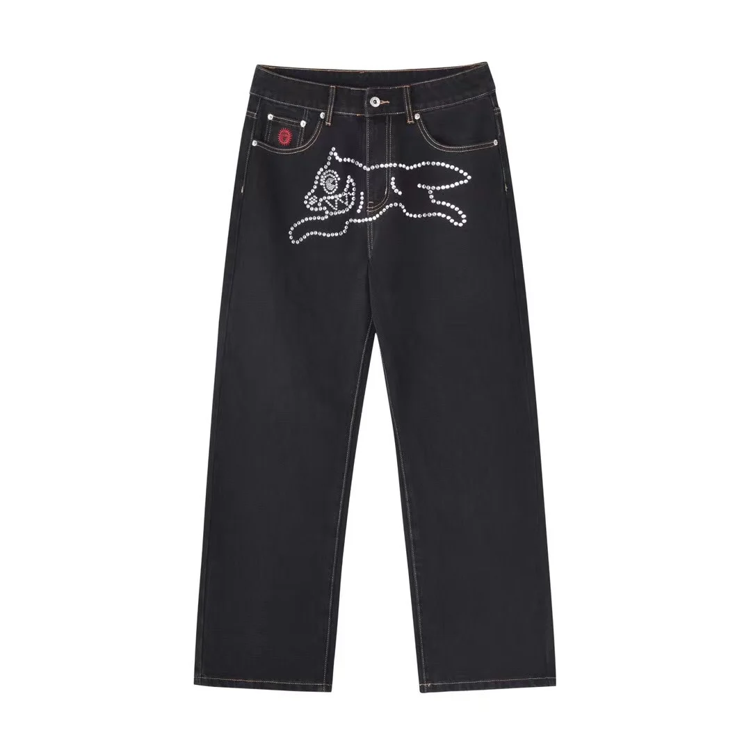 2026 Classic Geprinte Heren Straight Denim Broek Loose Fit YKK Rits Casual Denim Jeans Broek