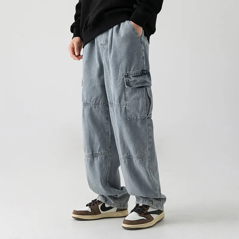 

Workwear Style Pocket Design Jeans For Men Spring New Split Stitching Pleated Straight Long Pants Casual And Free Handsome 9X0N