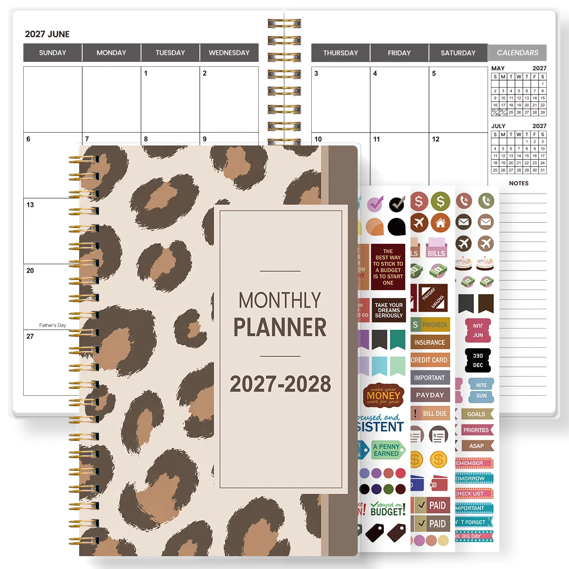1PC 2027-2028 A5 Monthly Planner Notebook with Stickers, Leopard Print Spiral Organizer for Work, School & Daily Planning