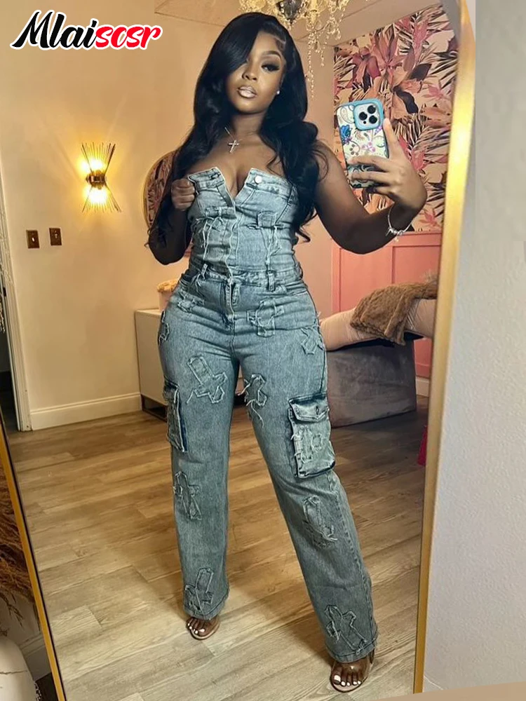 Mlaiscsr Cross Embroidery Pockets Stretch Denim Jumpsuits Women Sleeveless Off Shoulder Boyfriend Rompsers Blue Cargo Overalls