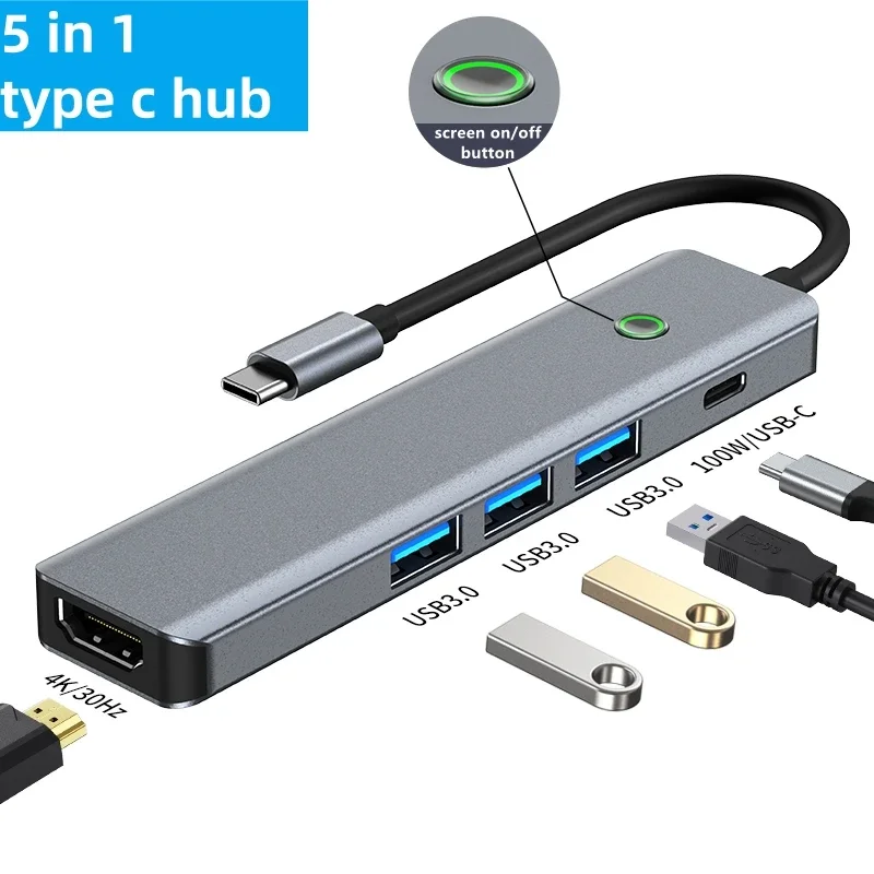 5 In 1 Type-C Hub Usb C Meerdere Adapter Met 4K Hdmi-Compatibel Scherm-Aan/Uit Knop Pd 100W Usb 3.0*3 Voor Macbook Oppervlakte Ipad