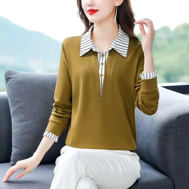 Spring Summer Tee Shirt Women\'s Clothing Long Sleeve Loose Turn-down Collar Striped Button Patchwork Elegant Fashion Casual Tops