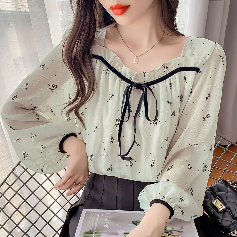 French Vintage Chic Floral Square Collar Long Sleeve Top Women\'s Clothing Spring Korean Version Slim Spliced Bow Youth Blouse