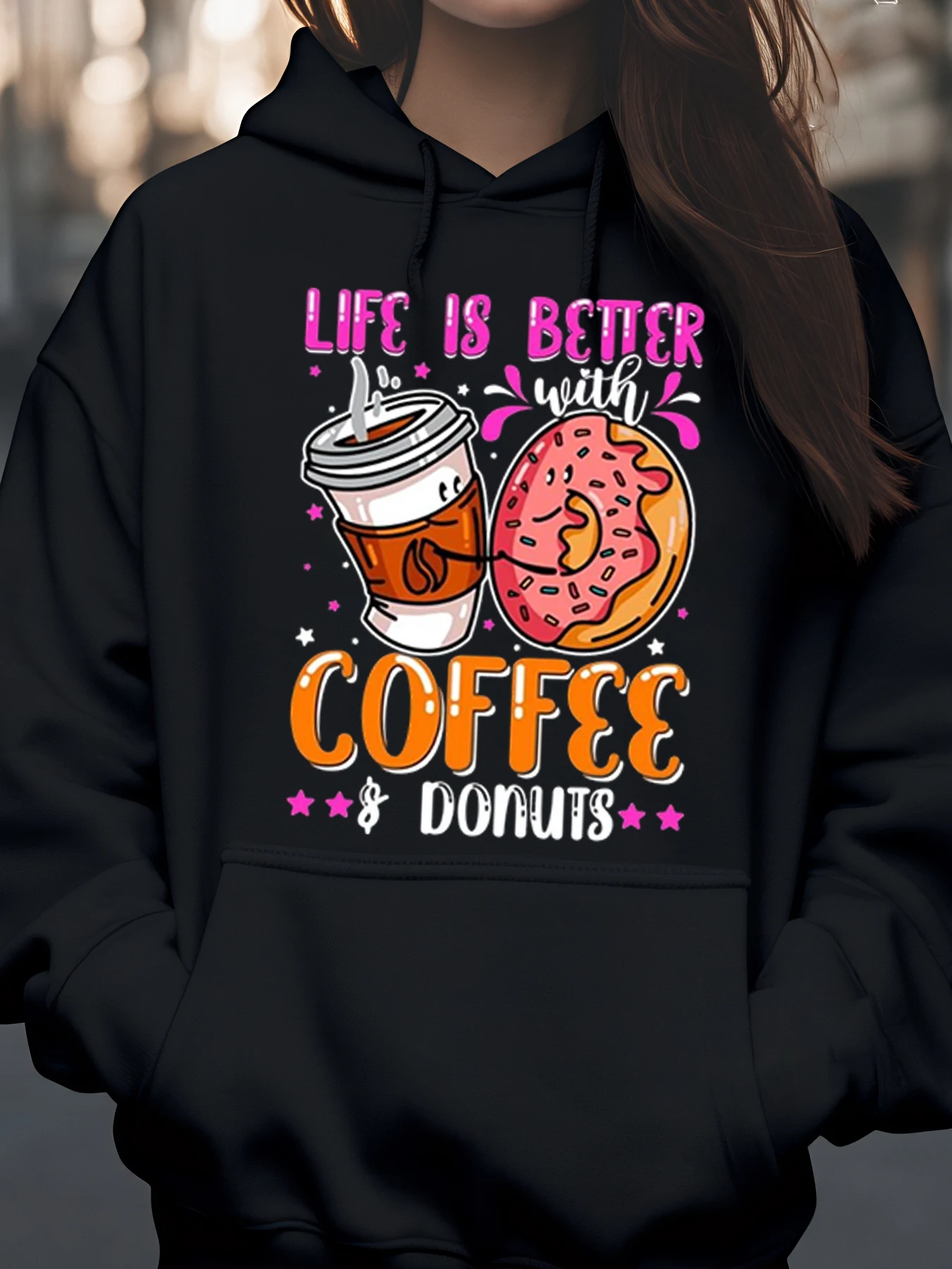 

Толстовка с принтом кофе и пончиков для повседневной одежды, женская модная толстовка, повседневный выбор одежды