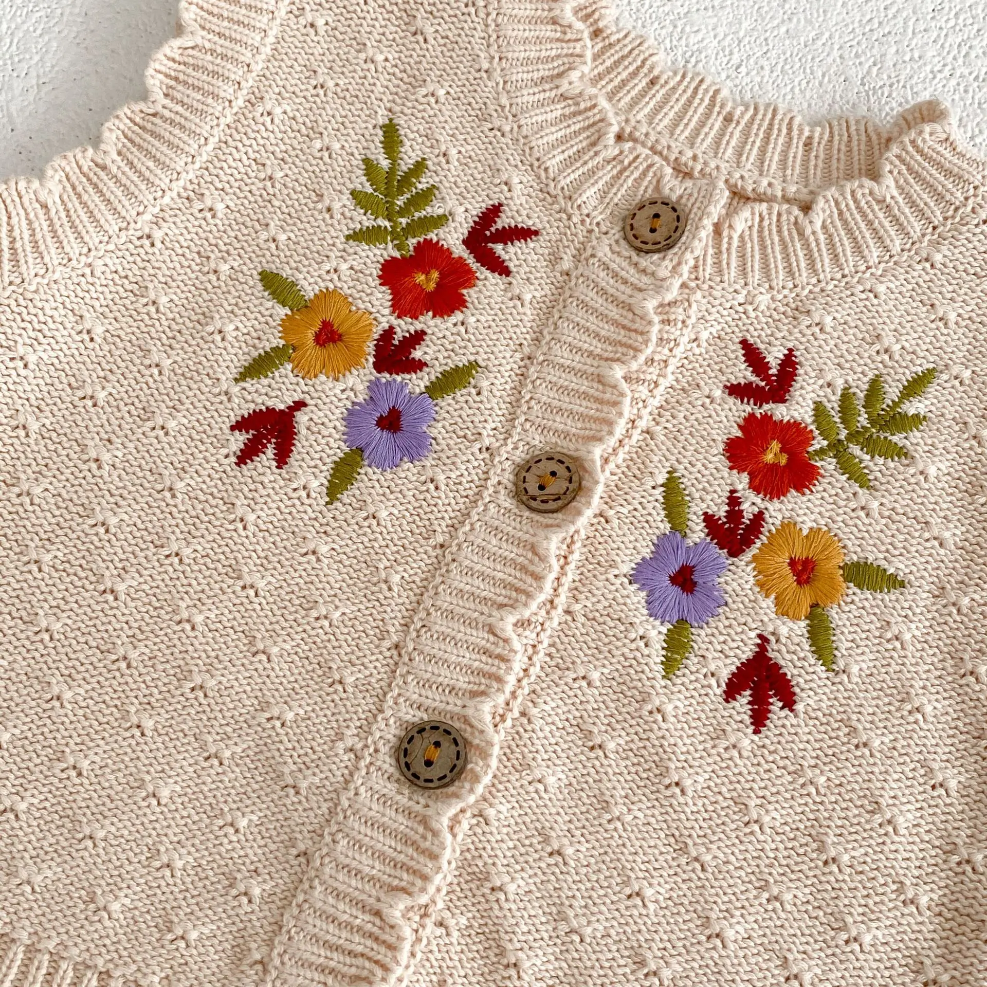 Autumn Winter 100% Cotton Children Knitted Cardigan Hollow Out Vest Kid Girl Embroidery Flower Tops Waistcoat Baby Casual Coat