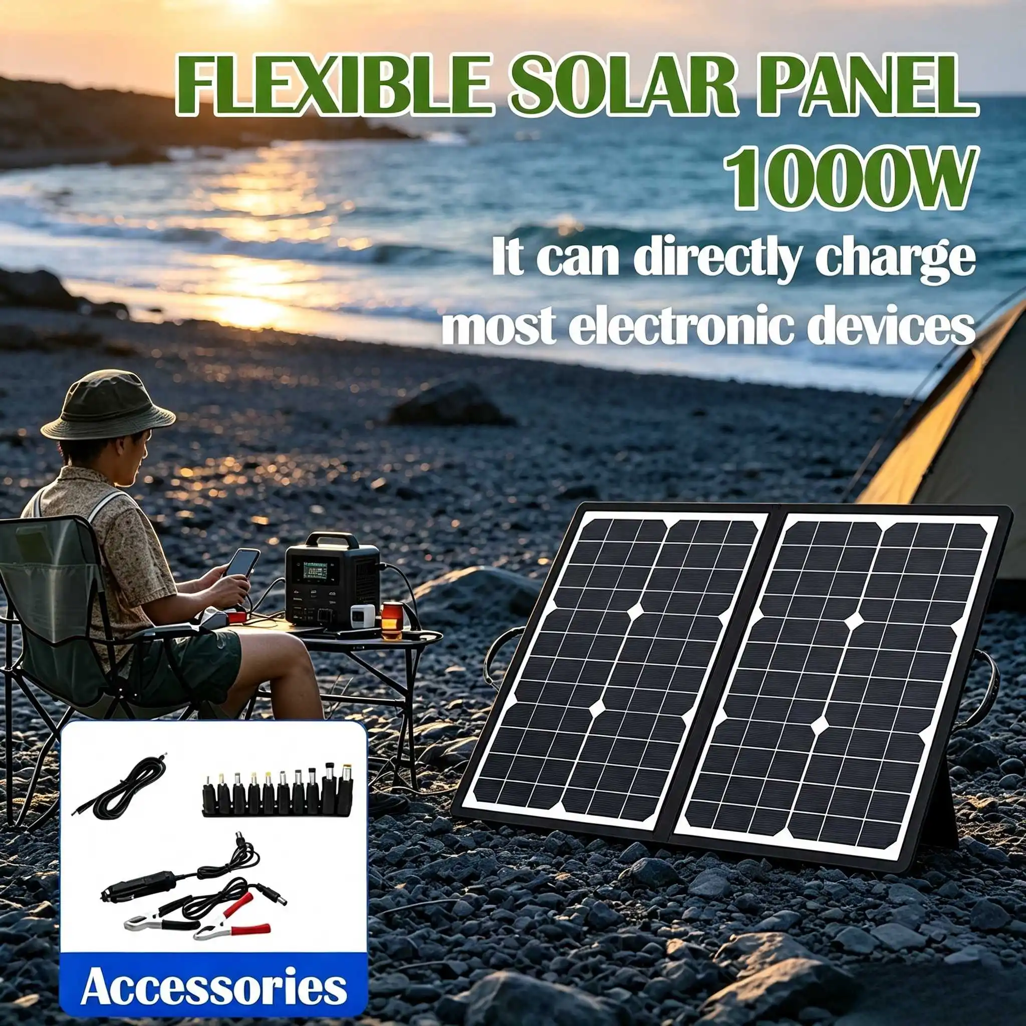 1000W Foldable Solar Power Kit with 18V Fast Charger – Perfect for Camping, Caravans, Boats, Cars, and Outdoor Adventures