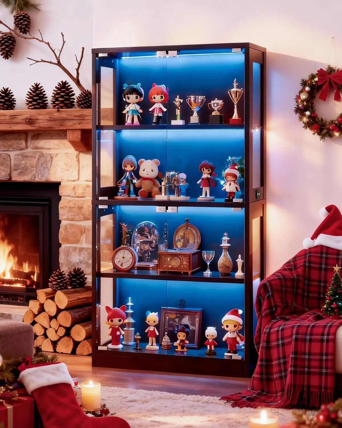 

Display Cabinet with Glass Doors 4-Tier, 7 Vibrant Colors 3 Dynamic Lighting Modes, HD Glass Storage Cabinet with Human Body