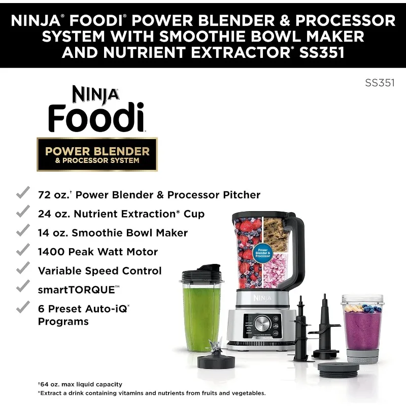 Ninja SS351 Foodi Power Blender&Processor System 1400 WP Smoothie Bowl Maker & Nutrient Extractor* 6 Functions for Bowls,Spreads