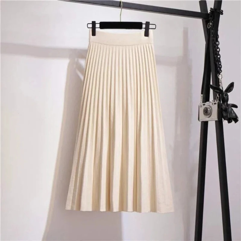

Knitted Skirt Women Mid-length Autumn Winter New Thickened Elastic High Waist Slimming A-line Wool Pleated Skirt Long Skirt