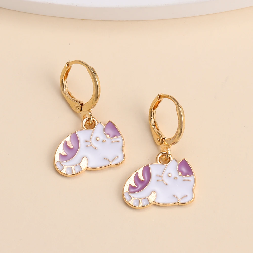 A Pair Gold Color Alloy Enamel Charms Kawaii Cat Dangle Earrings For Women Girls Fashion Animal Drop Earring Party Jewely Gifts image 5