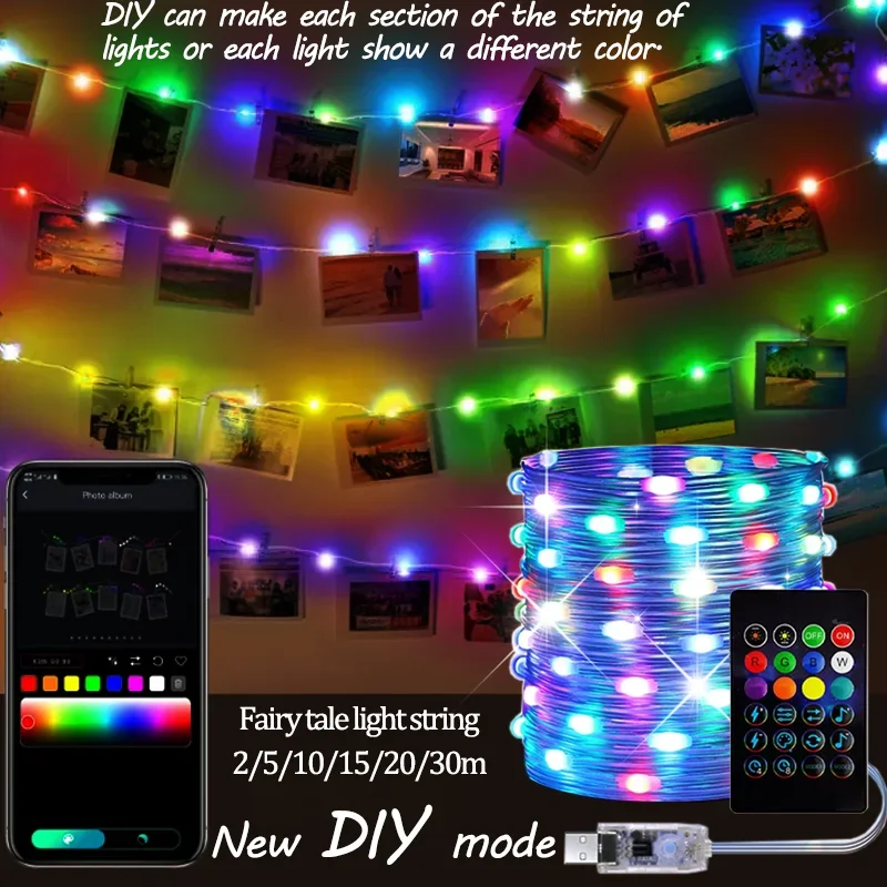 Luces de Navidad inteligentes WS2812B RGBIC, tira de luces LED direccionable con Bluetooth, guirnalda de decoración para fiesta en casa y boda, 2-30M