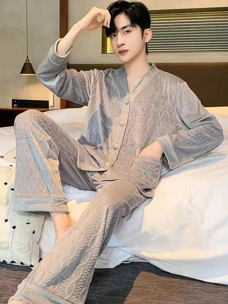 island-velvet-spwear-men's-autumn-winter-thin-velvet-casual-v-ne-youth-men's-winter-coral-velvet-home-clothes-set