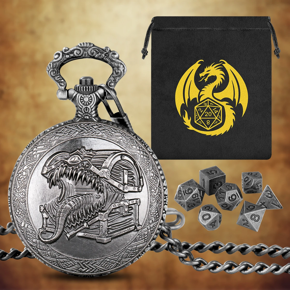 

Оптовая продажа: 5 шт. металлических карманных часов в стиле ретро с рисунком сундучка с сокровищами, мини-набор игральных костей, кулон-цепочка, подарок для любителей ролевых игр