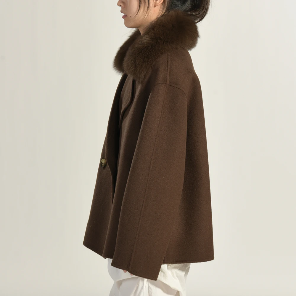 Jxwatcher Doppelseitiger Wollmantel mit echtem Pelzkragen 2025, Herbst, zweireihige braune Wolljacke für Damen, Winter, neu in Oberbekleidung