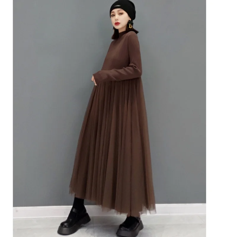 Women Long Sleeves Crew Neck Dress Loose Mid-length Solid Color Sweater Splicing Mesh Inside Dress 2024 Spring Autumn LHX1325