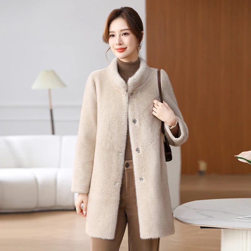 

Женское пальто из искусственного меха под норку, средней длины, модное, свободного кроя, из смесового полиэстера, теплая зимняя верхняя одежда