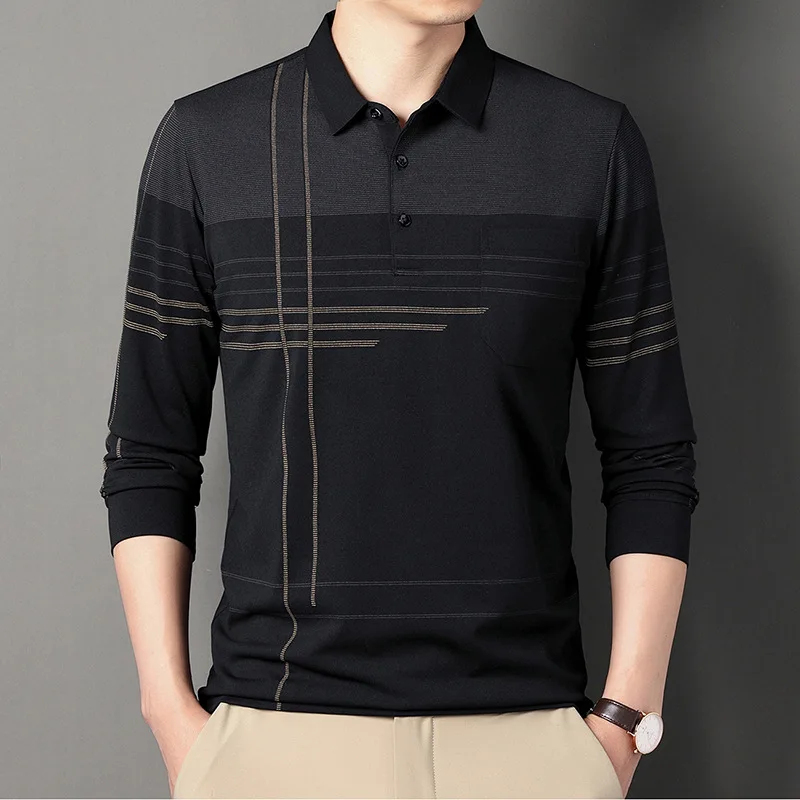 Men\'s Clothing 2023 Spring Autumn Trendy Striped Polo Collar Shirt Business Casual Long Sleeve Tops Male Pocket Button T-shirts