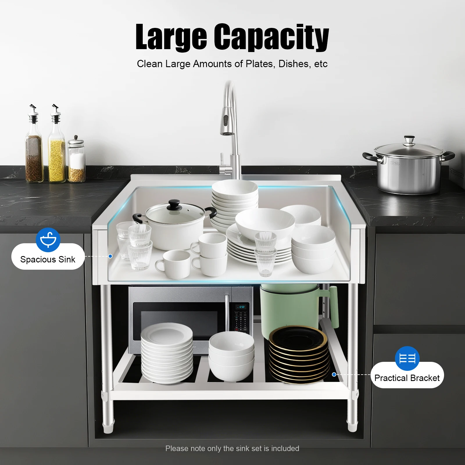 

Stainless Steel Kitchen Sink, Freestanding Laundry Sink with Faucet, Large Single Bowl Sink w/ Bottom Bracket