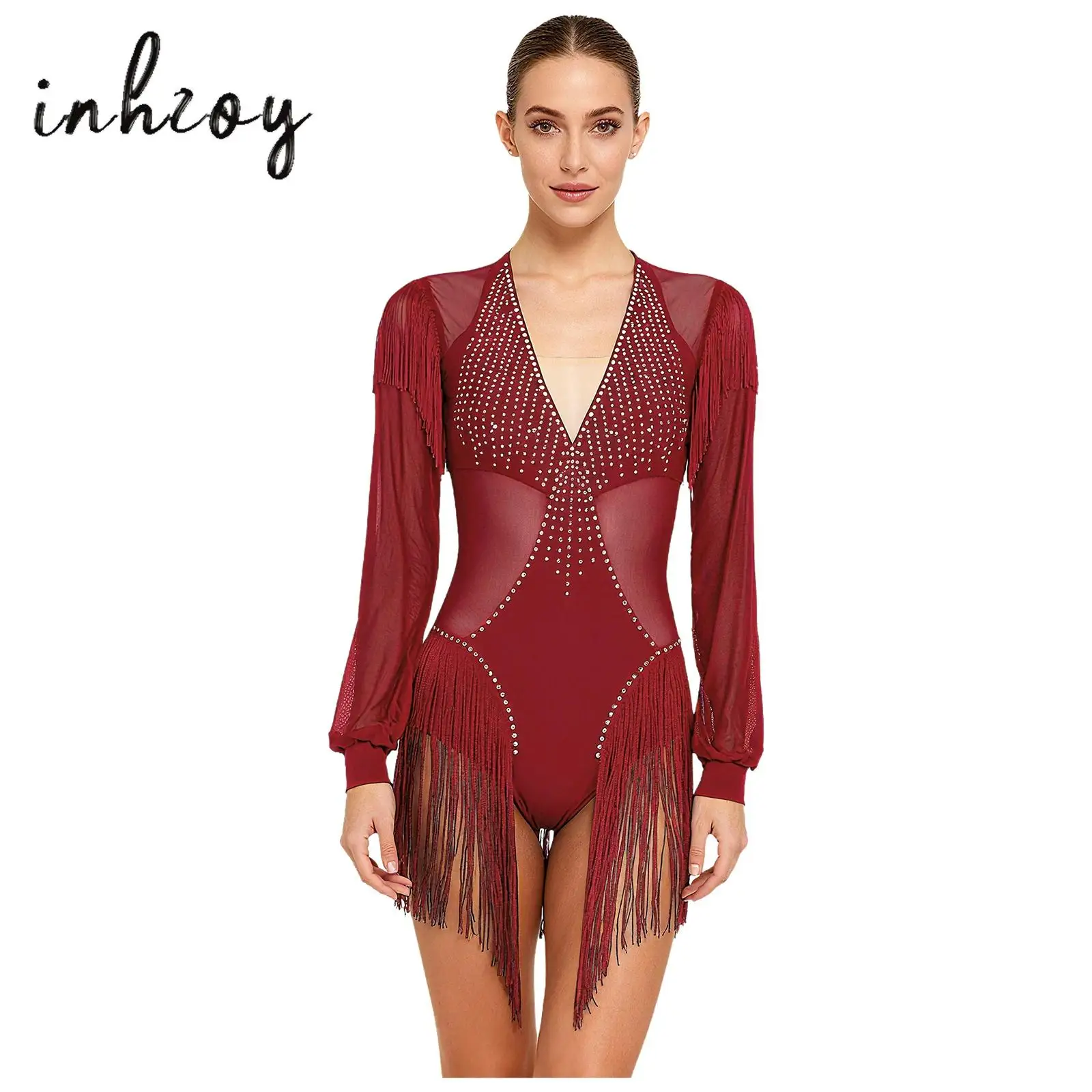 

Womens Latin Tango Dance Leotard Dress Sheer Mesh Splice Shiny Rhinestones Tassel Long Sleeve Bodysuit for Salsa Figure Skating