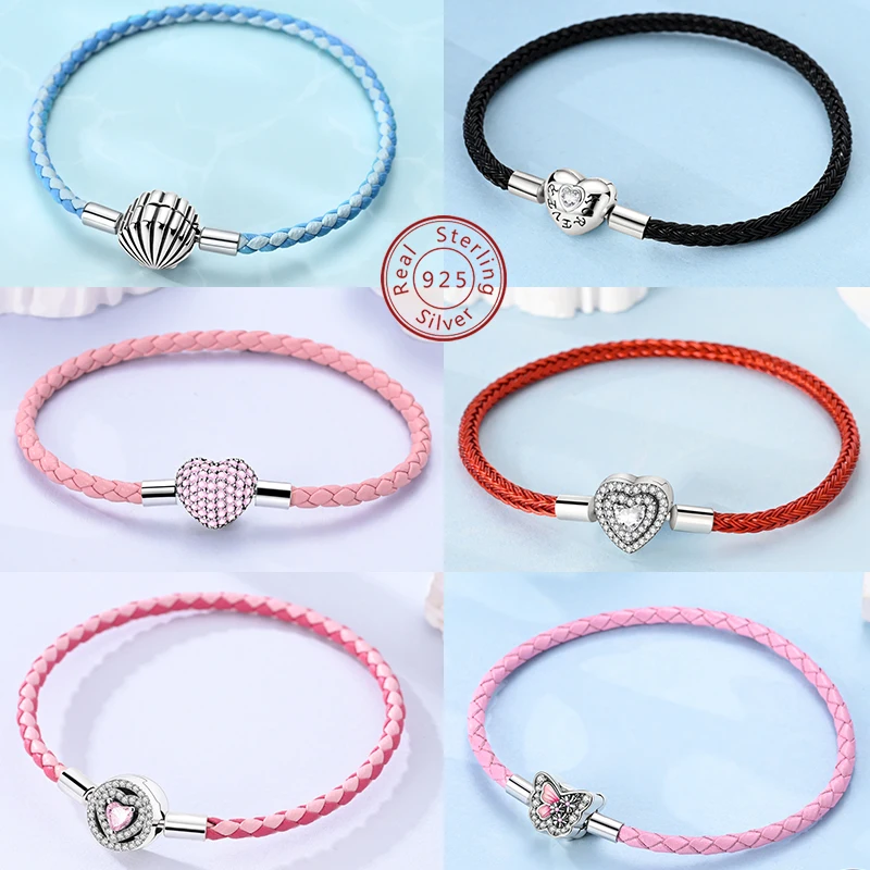 925 فضة أساور ساحرة للمرأة القلب شل الجلود حبل ضفيرة سوار صالح الخرز صنع موضة مجوهرات هدية