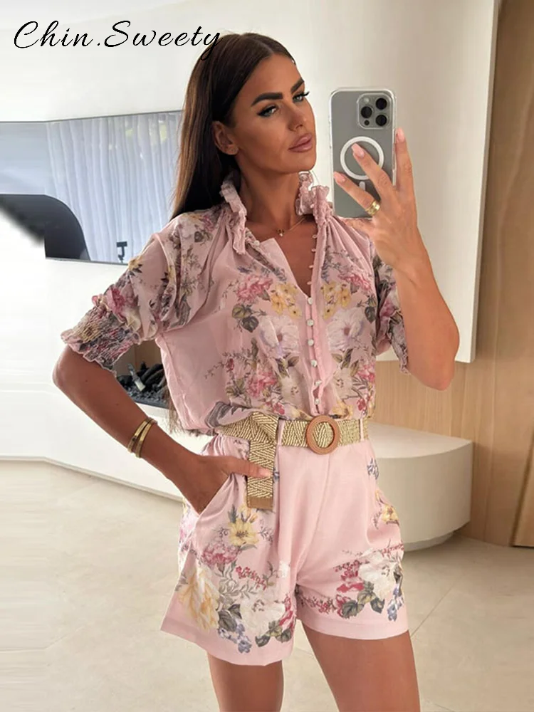 

Chic Printed Shorts Sets Women High Collar Half Sleeve Single Breasted Shirts Mini Wide Leg Pant 2025 Summer High Street Suits