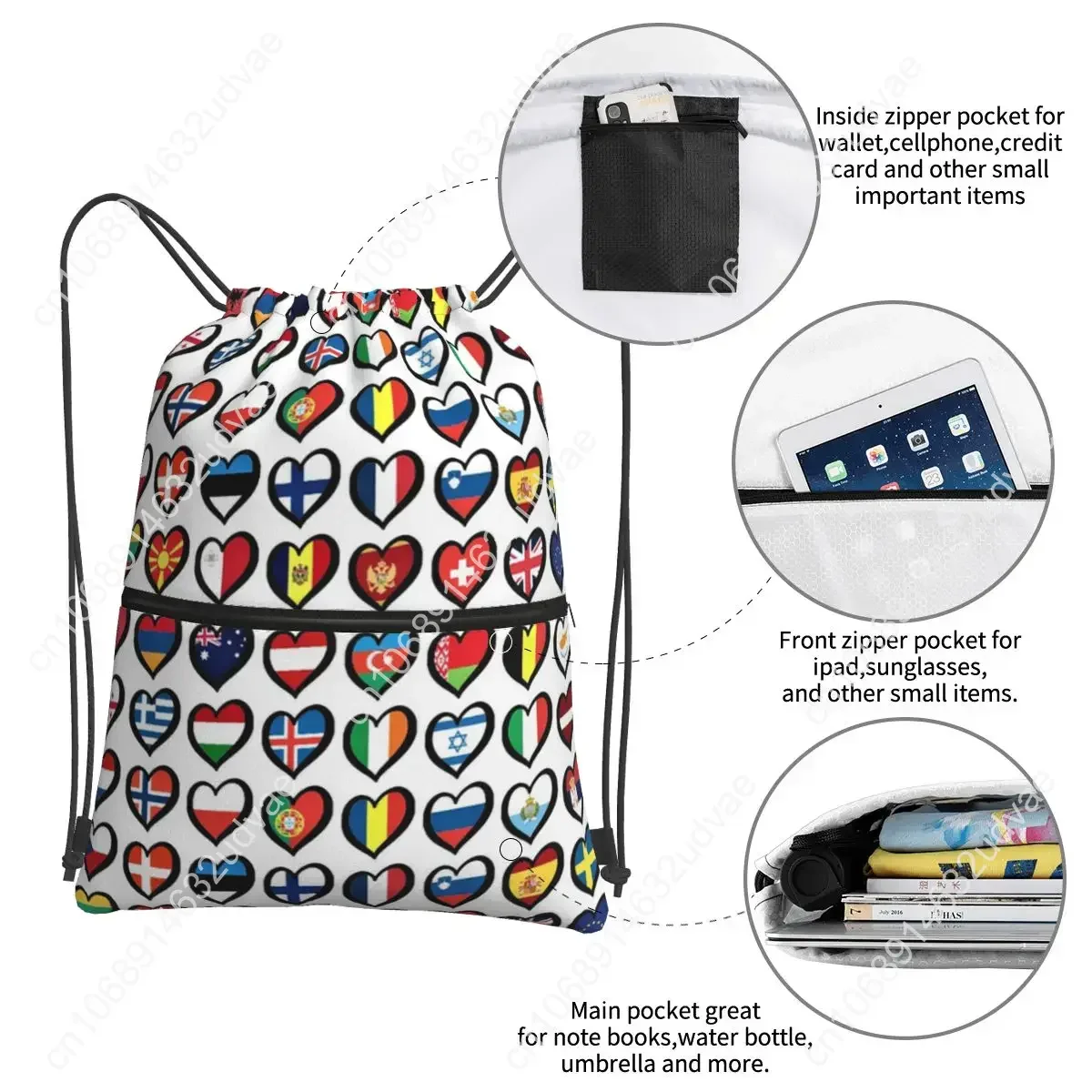 Eurovision Song Contest Flags Hearts ESC Backpacks Drawstring Bag Drawstring Bundle Pocket Storage Bags For School Students