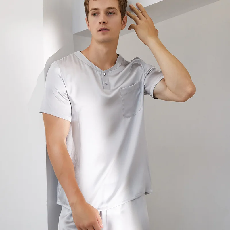 19 Momme Mulberry Silk Sleepwear Set for Men Summer Short Sleeve and Shorts 2 Pieces Breathable Travel Business Trip Pyjamas