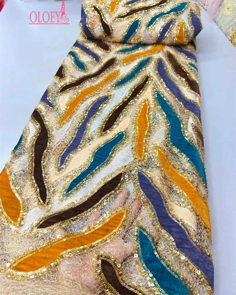 

OLOEY Africa High Class Lace Fabric Handmade Beaded Embroidery Multi Color Lace For Ladies Evening Fashion Party Dress