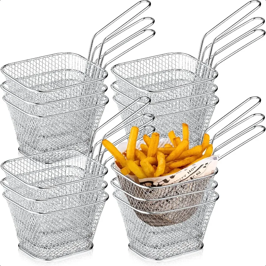 

12 Pcs Mini Square Fry Basket Bulk Stainl Steel French Fry Holder Food Baskets for Serving Fryer Container with Handle Reusable