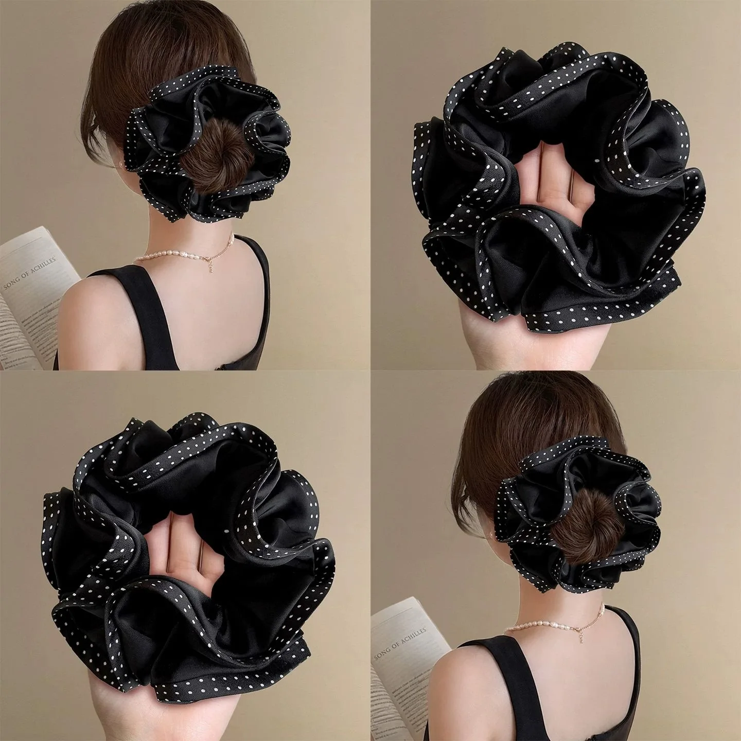 12PCS/LOT Polka Dot Double-layered Bun Hair Ties Korean Style All-in-One Hair Accessories Black Hair Band Elastic Ponytail Ties