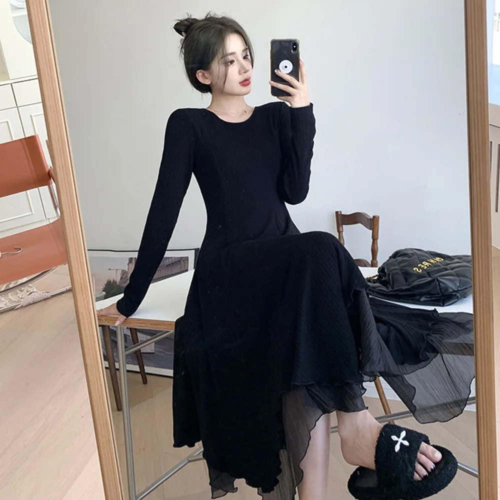 Autumn Winter Knitted Dress For Women Korean Fashion Mesh Patchwork Dresses Woman Elegant Irregular Long Sleeve Elastic Dress