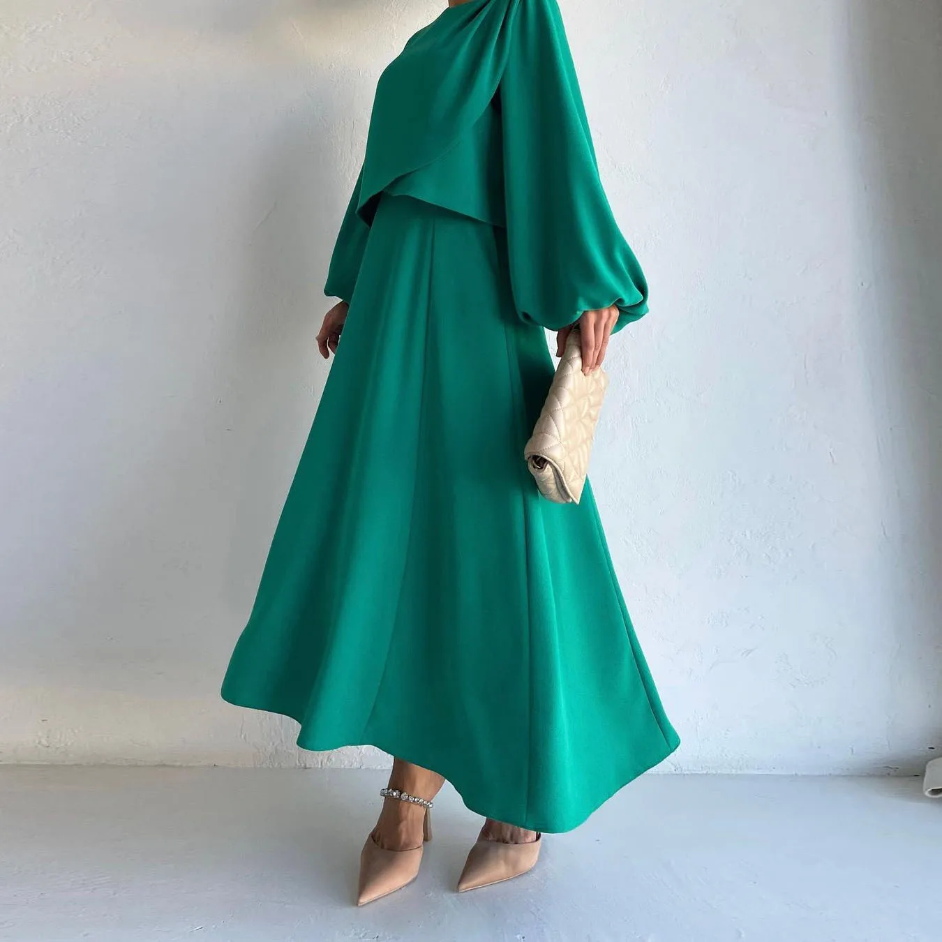 

Women Eid Muslim Sets Ensemble Two Pieces Puff Sleeve Tops Loose Skirts Islam Solid Color Loose Morocco Ramadan Gorgeous