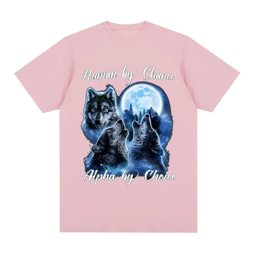Human By Chance Alpha By Choice Wolf Pattern Tshirt Womens Fashion Hip Hop Retro Short sleeved Tshirt Extra Large T-shirt