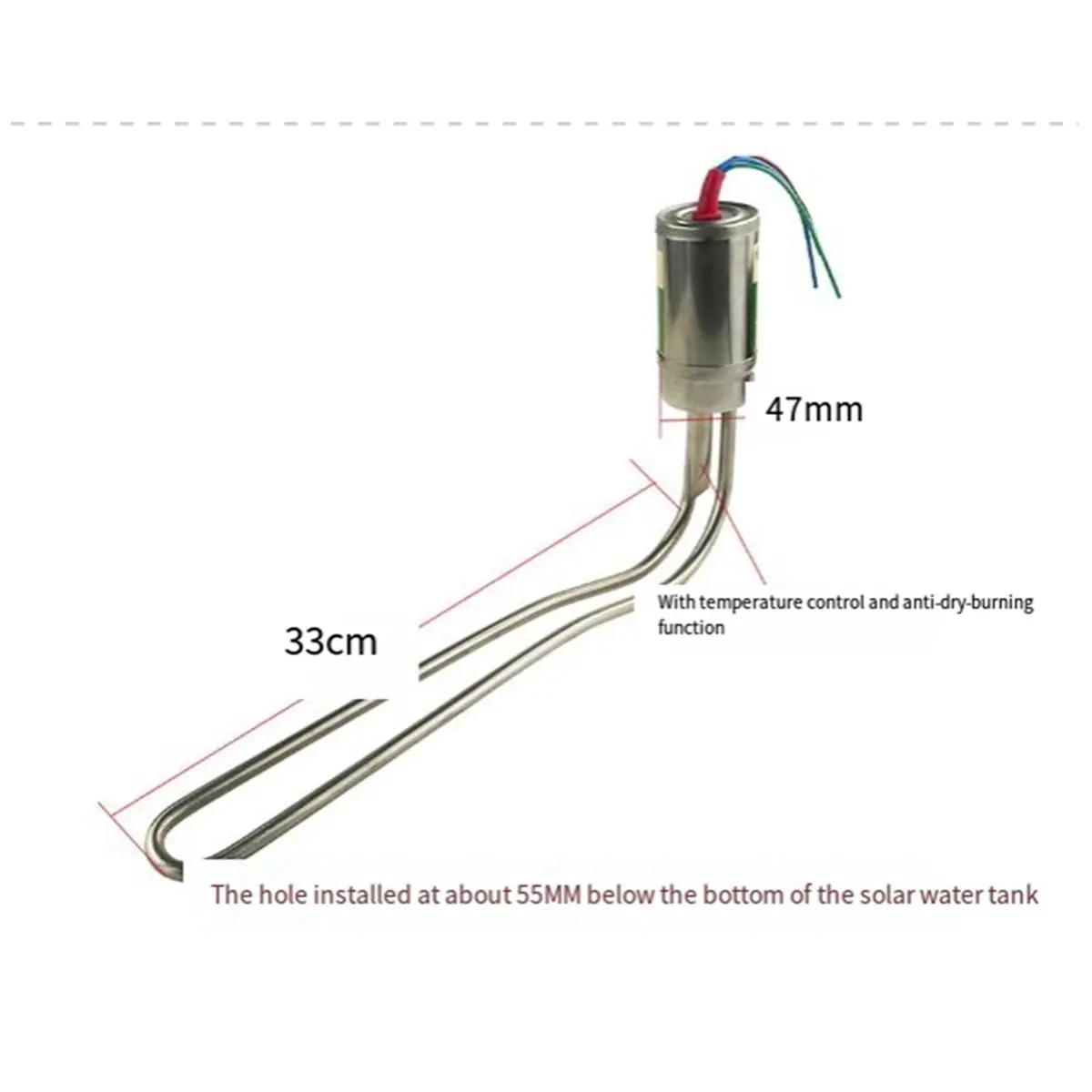 47mm 2000w Bottom Inserted Water Heater Auxiliary Solar Electric Heating Tube Anti-Dry Heating with Temperature Control