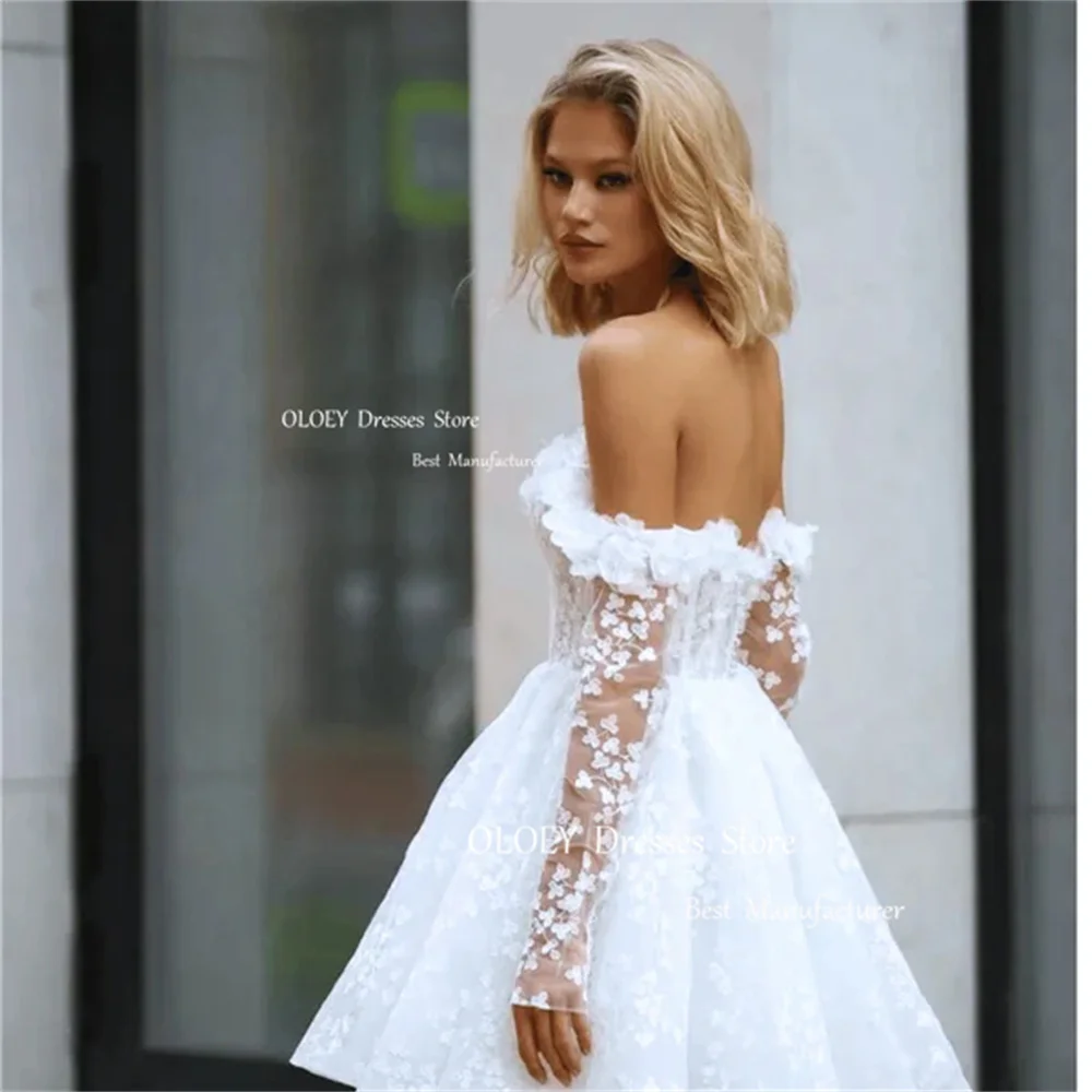 OLOEY Ivory Elegant Mini Wedding Dress Off The Shoulder Long Sleeves Lace A Line Bridal Dress Graduation Bridesmaid Ball Dress