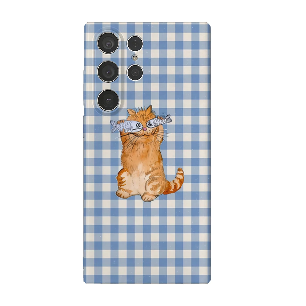 Karierte Kätzchen-Handyhülle für Samsung Galaxy S25 S24 S23 Ultra plus A35 A55 Glänzende HD-Hartschalenhülle - Niedliches Katzen-Design