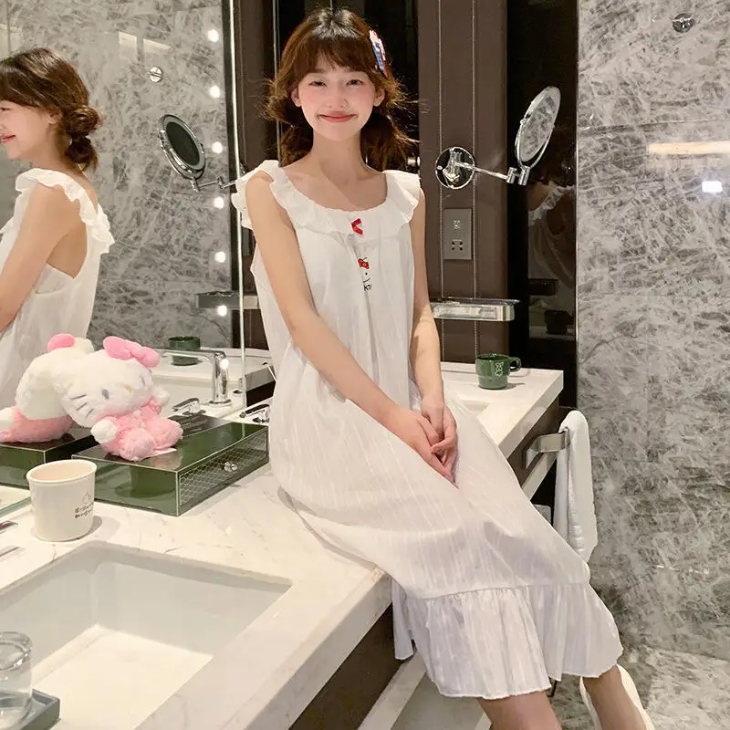Hello Kittys Sleep Dress Cotton Women Home Lounge Wear Summer Sleeveless with Padded Bust Lace Trim Fast Delivery Cheap