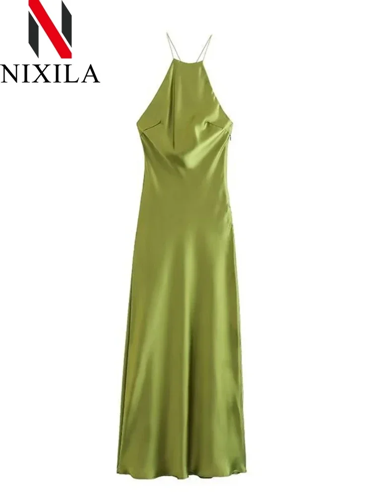 Wiosenna letnia damska sukienka maxi bez rękawów Satynowa sukienka w europejskim stylu amerykańskim Seksowna wieczorowa suknia bankietowa